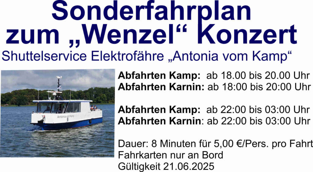 Sonderfahrplan Wenzel Konzert Kamp 2025 | Oderhaff Reederei Peters