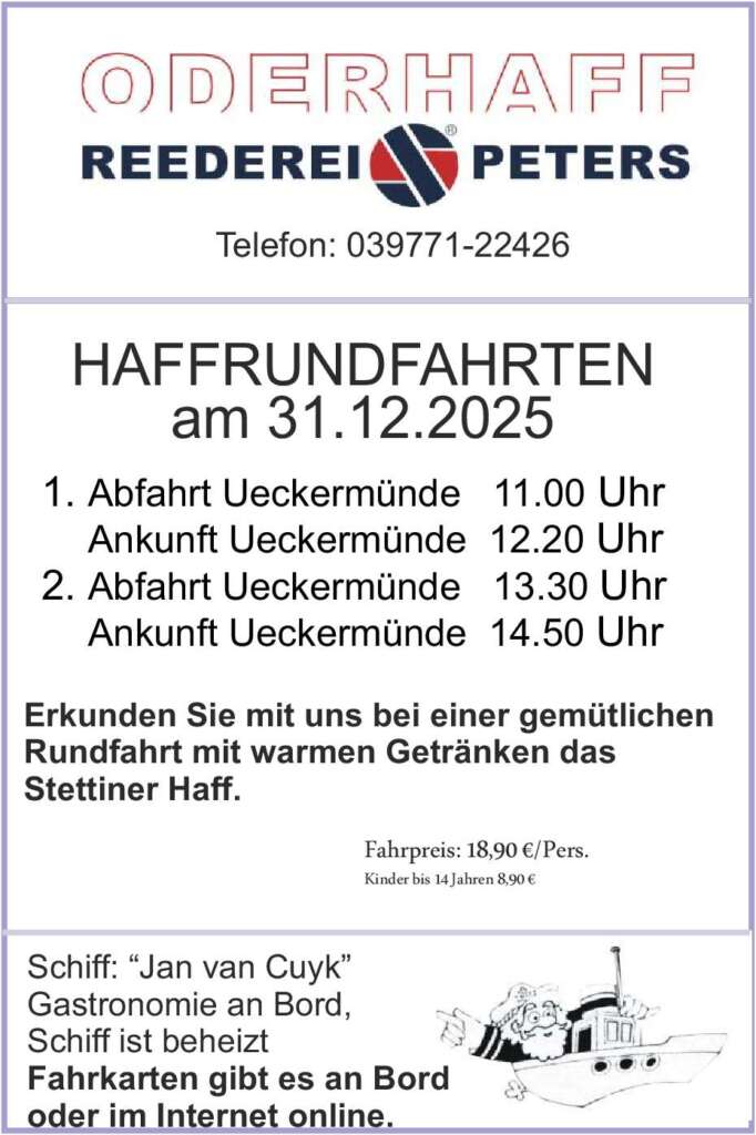 Fahrplan Silvester 2025 | Oderhaff Reederei Peters